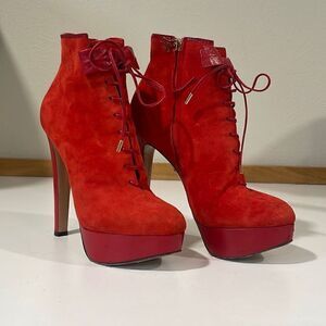 Charlotte Olympia Women's Suede Laced Platform Ankle
Booties Size 38